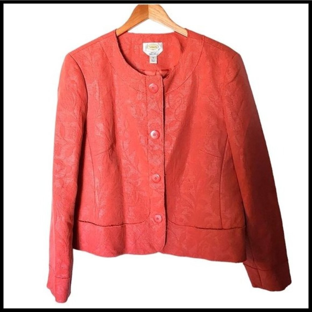 Talbots Coral Raw Hem Floral Blazer Jacket Size 16 Italian Fabric Texturized